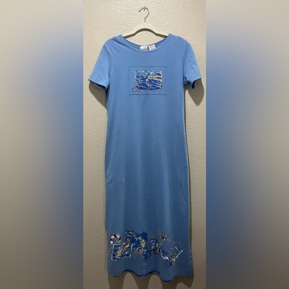 Vintage Y2K Bobbie Brooks Maxi Dress 12/14 Blue Island Graphic Short Sleeve - Picture 1 of 11